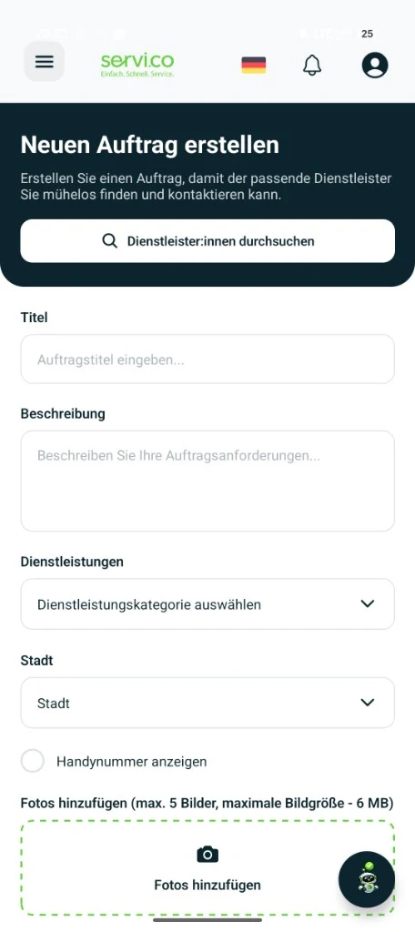 servi.co App: Neuen Auftrag erstellen mit Titel, Beschreibung, Dienstleistungskategorie, Stadt, optionaler Handynummer und Foto-Upload.
