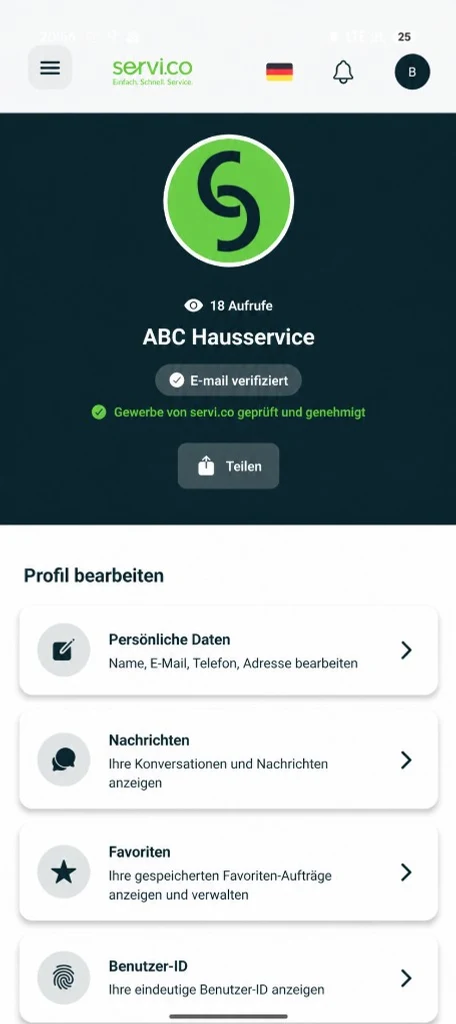 servi.co App: Profil „ABC Hausservice“ mit E-Mail-Verifizierung und Hinweis „Gewerbe von servi.co geprüft und genehmigt“.