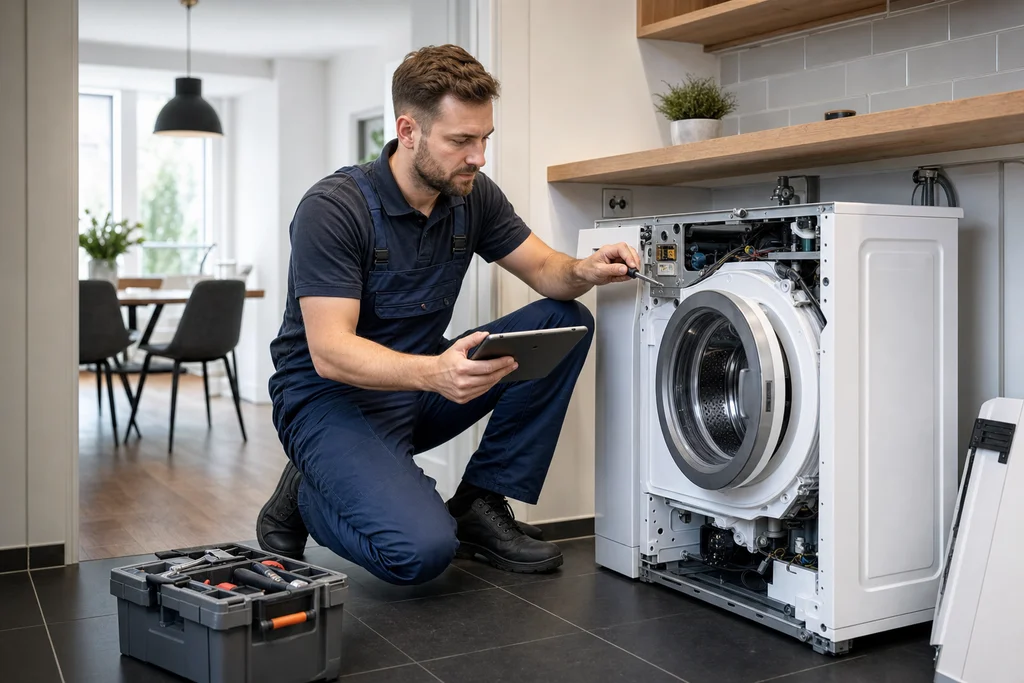 Techniker repariert eine geöffnete Waschmaschine mit Diagnosewerkzeug in einer modernen Wohnung in Österreich