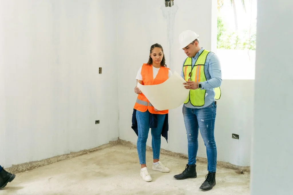 Zwei Renovierungsprofis besprechen Wohnungspläne während eines Renovierungsprojekts in Österreich