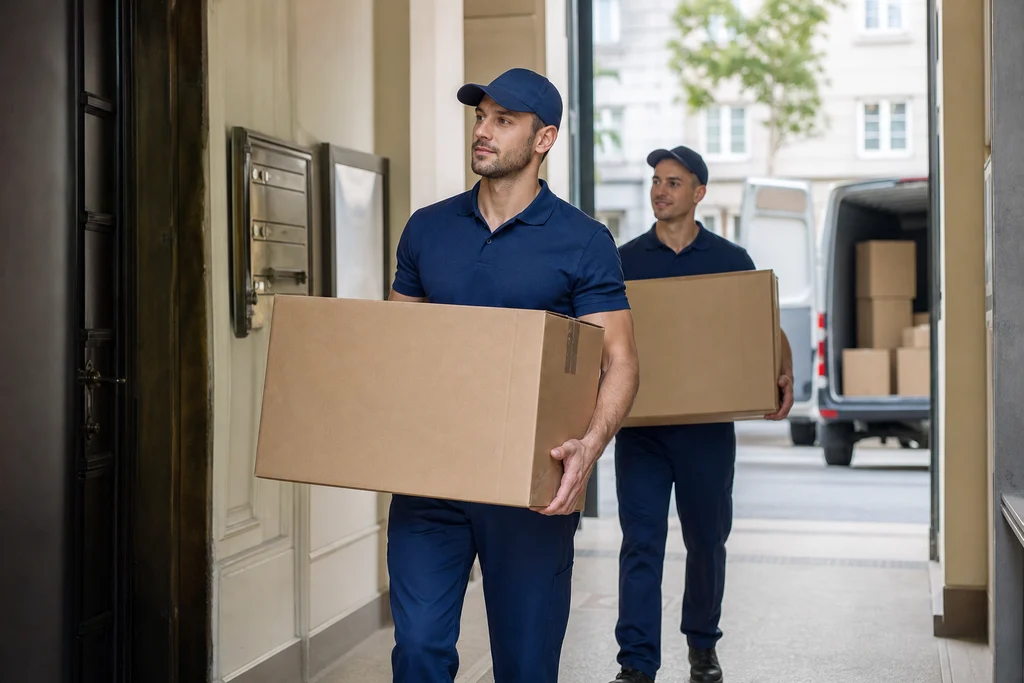 Professional movers carrying cardboard boxes from an apartment building to a moving van in Austria