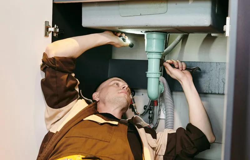 Installateur repariert Siphon unter dem Waschbecken in Wien