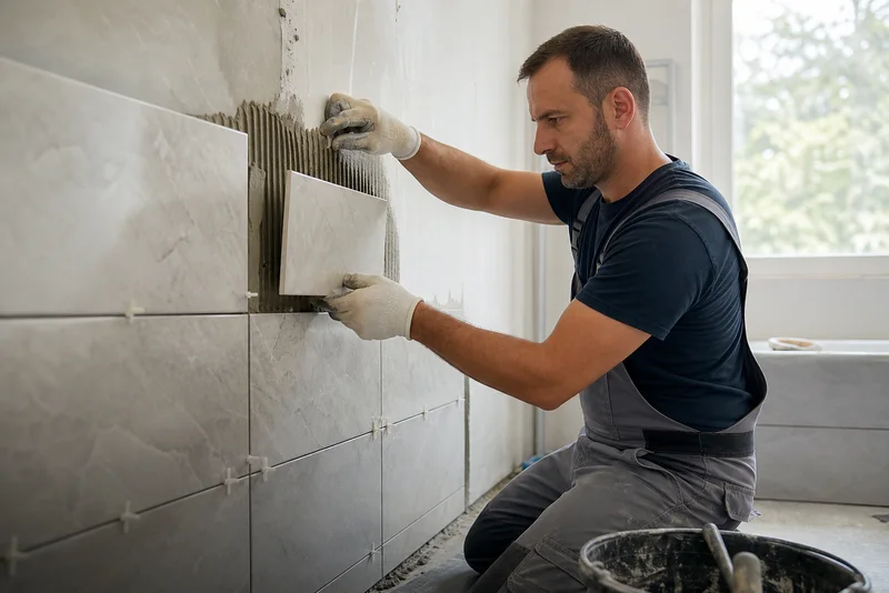 Tiler installing ceramic wall tiles in a bright bathroom renovation